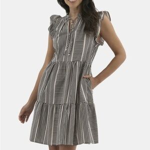 Time and Tru 100% Cotton Flutter Sleeve Mini Tie Geometric Dress NWT